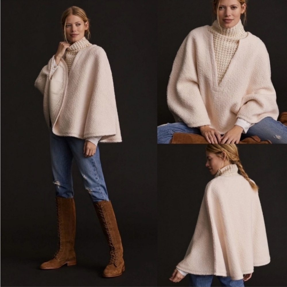 Anthropologie Wool Blend Cream Women's Sweater Cape Poncho NWT $130